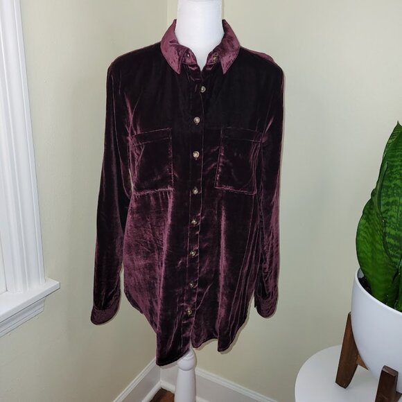 Maeve by Anthropologie Katrina Burgundy Blouse Velvet Button Up Top Women's SZ 2 - Picture 2 of 14
